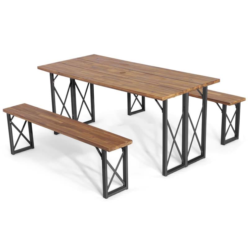 4-8 Person Acacia Wood Outdoor Picnic Table & Bench Set with 2" Umbrella Hole, 800Lbs Capacity Space-Saving Camping Dining Table Set for Patio Garden