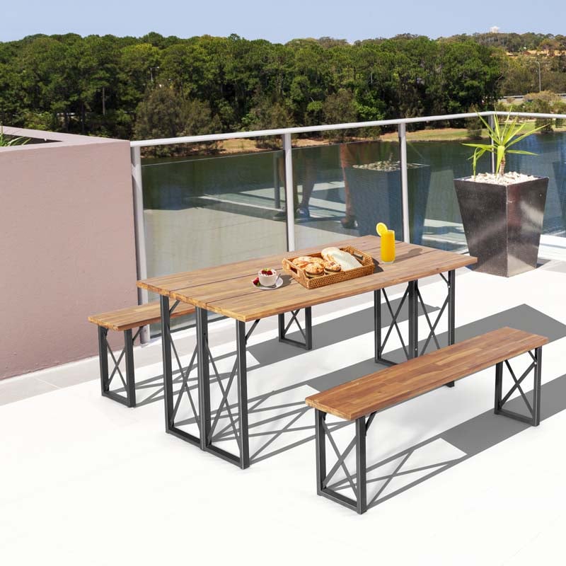 4-8 Person Acacia Wood Outdoor Picnic Table & Bench Set with 2" Umbrella Hole, 800Lbs Capacity Space-Saving Camping Dining Table Set for Patio Garden