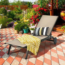 Aluminum Patio Chaise Lounge Chair with Wheels, 6-Position Fabric Outdoor Sun Lounger for Pool Beach Deck Yard