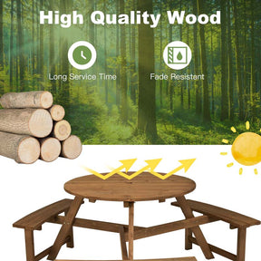 6-Person Round Wooden Picnic Table Bench Set with Umbrella Hole, DIY Paint Outdoor Patio Dining Table Set