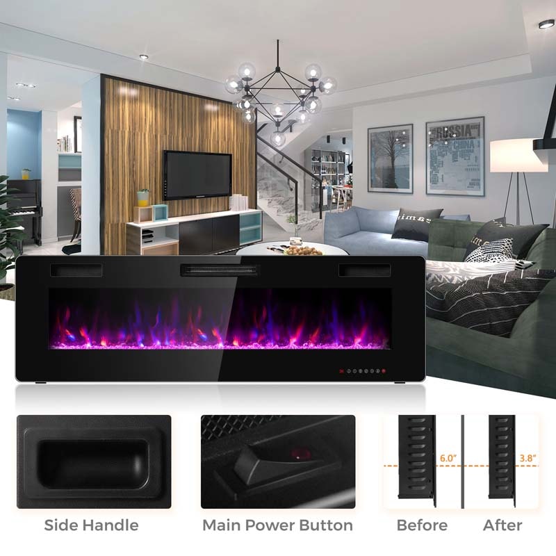 60" Ultra-Thin Electric Fireplace Insert, 1500W Recessed & Wall-Mounted Fireplace Heater with 12 Flame Colors, Remote Control, 8H Timer, Touch Screen