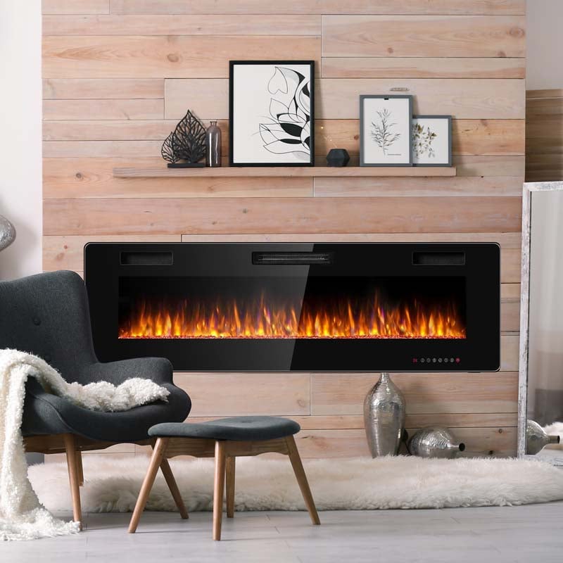 60" Ultra-Thin Electric Fireplace Insert, 1500W Recessed & Wall-Mounted Fireplace Heater with 12 Flame Colors, Remote Control, 8H Timer, Touch Screen