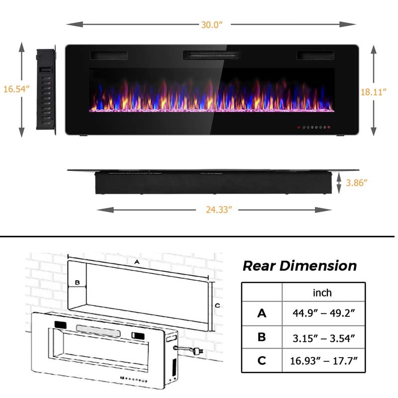 60" Ultra-Thin Electric Fireplace Insert, 1500W Recessed & Wall-Mounted Fireplace Heater with 12 Flame Colors, Remote Control, 8H Timer, Touch Screen