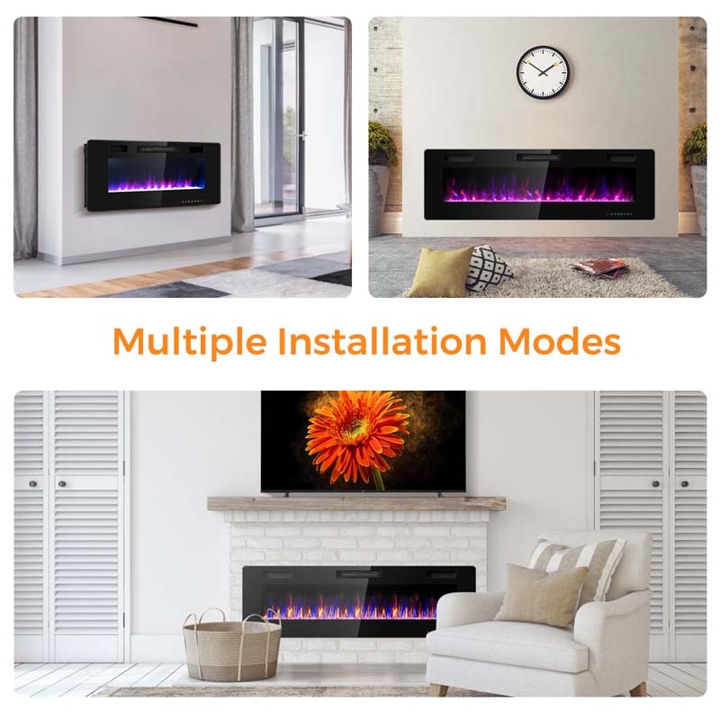 60" Ultra-Thin Electric Fireplace Insert, 1500W Recessed & Wall-Mounted Fireplace Heater with 12 Flame Colors, Remote Control, 8H Timer, Touch Screen