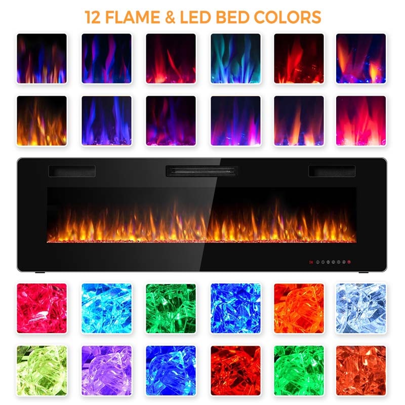 60" Ultra-Thin Electric Fireplace Insert, 1500W Recessed & Wall-Mounted Fireplace Heater with 12 Flame Colors, Remote Control, 8H Timer, Touch Screen
