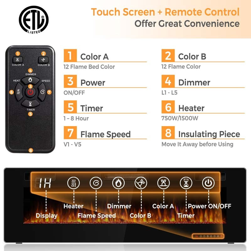 60" Ultra-Thin Electric Fireplace Insert, 1500W Recessed & Wall-Mounted Fireplace Heater with 12 Flame Colors, Remote Control, 8H Timer, Touch Screen