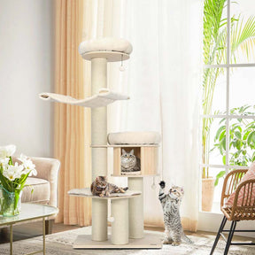 69" Tall Cat Tree, Multi-Level Wooden Cat Tower Condo with Sisal Posts, Modern Big Cat Activity Tree