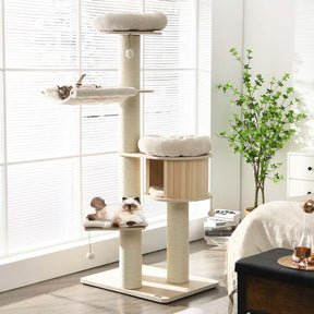 69" Tall Cat Tree, Multi-Level Wooden Cat Tower Condo with Sisal Posts, Modern Big Cat Activity Tree