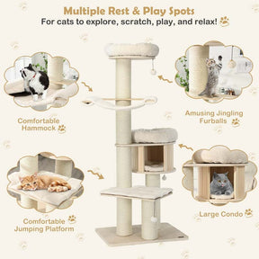69" Tall Cat Tree, Multi-Level Wooden Cat Tower Condo with Sisal Posts, Modern Big Cat Activity Tree