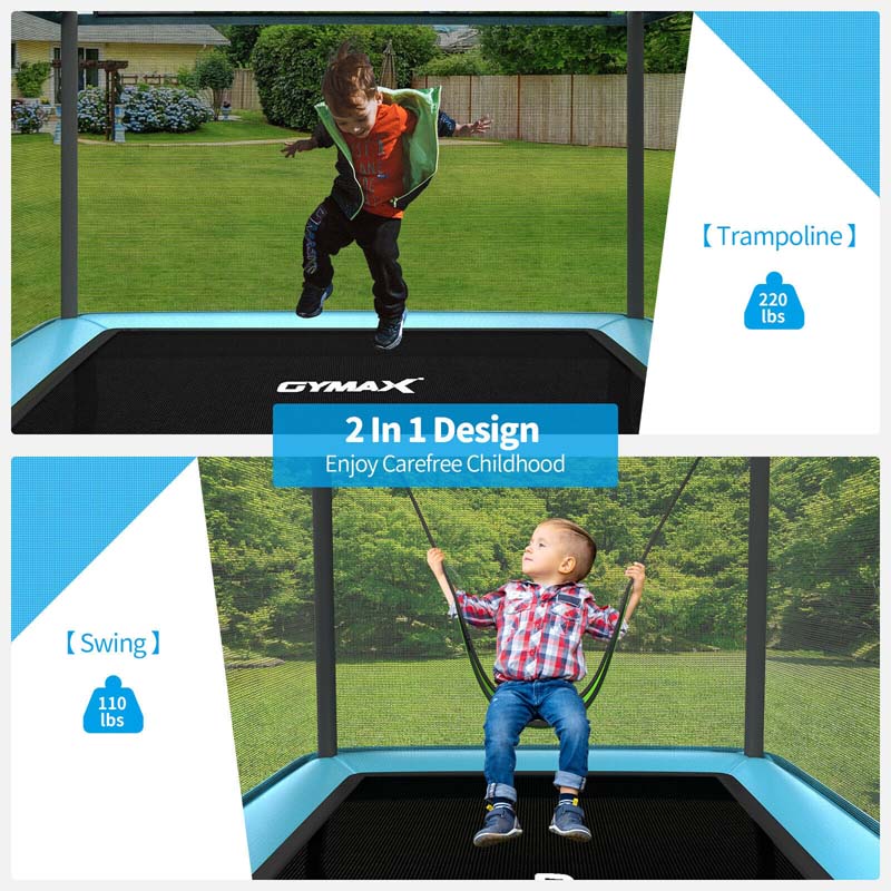 6FT Kids Trampoline with Swing & Enclosure Safety Net, ASTM Approved Toddler Rectangle Trampoline for 3-8 Year Old