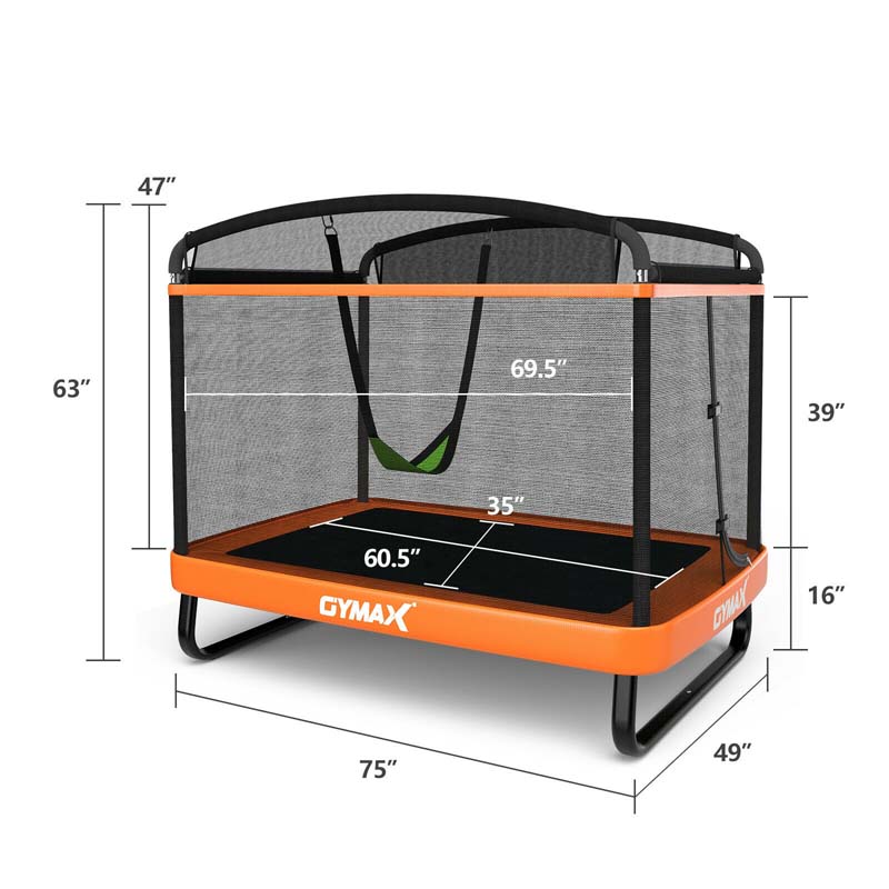 6FT Kids Trampoline with Swing & Enclosure Safety Net, ASTM Approved Toddler Rectangle Trampoline for 3-8 Year Old