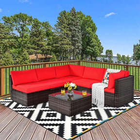 6 Pcs Rattan Patio Sectional Sofa Set Outdoor Conversation Furniture Set with Cushions & Glass Coffee Table