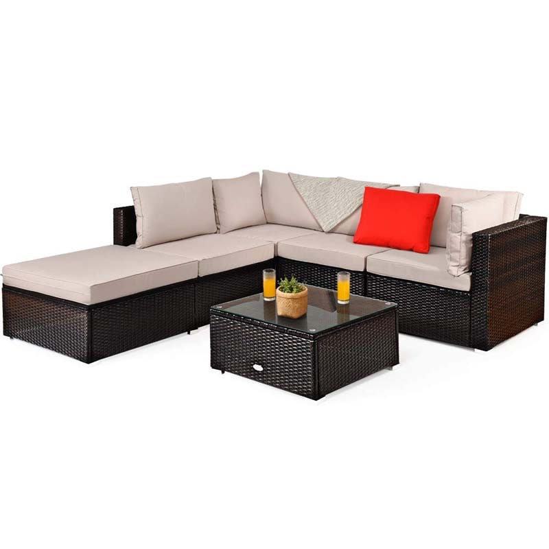 6 Piece Outdoor Rattan Sectional Sofa Set with 4 Cushioned Chairs, Ottoman & Coffee Table, Wicker Patio Conversation Furniture for Backyard