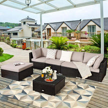 6 Piece Outdoor Rattan Sectional Sofa Set with 4 Cushioned Chairs, Ottoman & Coffee Table, Wicker Patio Conversation Furniture for Backyard