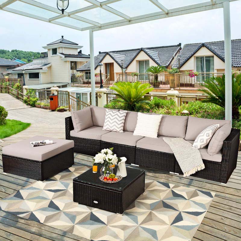 6 Piece Outdoor Rattan Sectional Sofa Set with 4 Cushioned Chairs, Ottoman & Coffee Table, Wicker Patio Conversation Furniture for Backyard