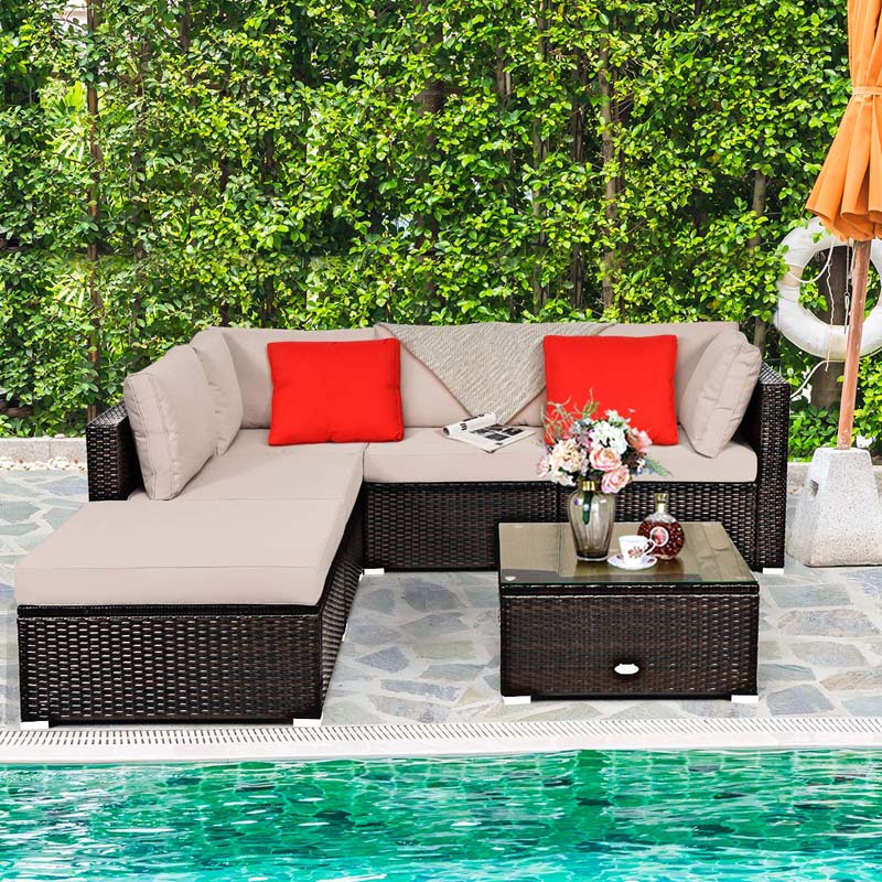 6 Piece Outdoor Rattan Sectional Sofa Set with 4 Cushioned Chairs, Ottoman & Coffee Table, Wicker Patio Conversation Furniture for Backyard