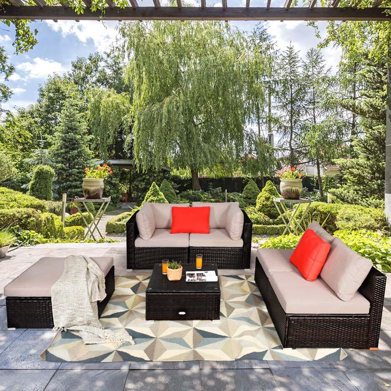 6 Piece Outdoor Rattan Sectional Sofa Set with 4 Cushioned Chairs, Ottoman & Coffee Table, Wicker Patio Conversation Furniture for Backyard