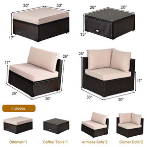 6 Piece Outdoor Rattan Sectional Sofa Set with 4 Cushioned Chairs, Ottoman & Coffee Table, Wicker Patio Conversation Furniture for Backyard