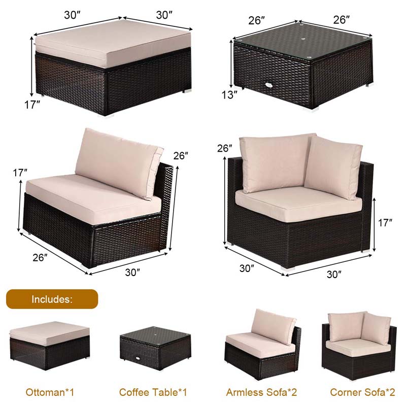 6 Piece Outdoor Rattan Sectional Sofa Set with 4 Cushioned Chairs, Ottoman & Coffee Table, Wicker Patio Conversation Furniture for Backyard