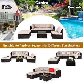 6 Piece Outdoor Rattan Sectional Sofa Set with 4 Cushioned Chairs, Ottoman & Coffee Table, Wicker Patio Conversation Furniture for Backyard