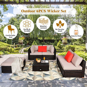 6 Piece Outdoor Rattan Sectional Sofa Set with 4 Cushioned Chairs, Ottoman & Coffee Table, Wicker Patio Conversation Furniture for Backyard