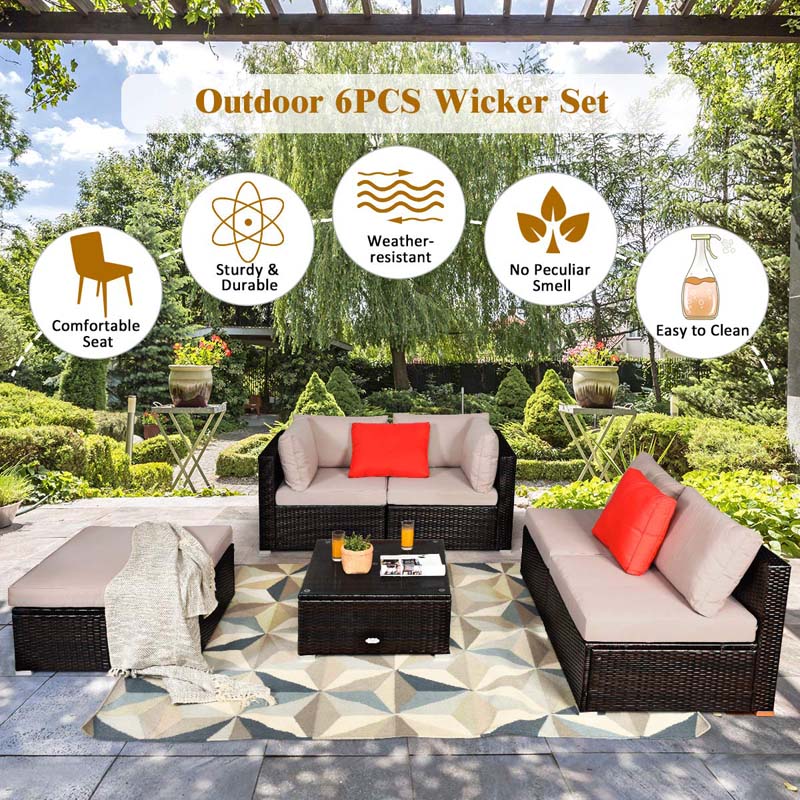 6 Piece Outdoor Rattan Sectional Sofa Set with 4 Cushioned Chairs, Ottoman & Coffee Table, Wicker Patio Conversation Furniture for Backyard