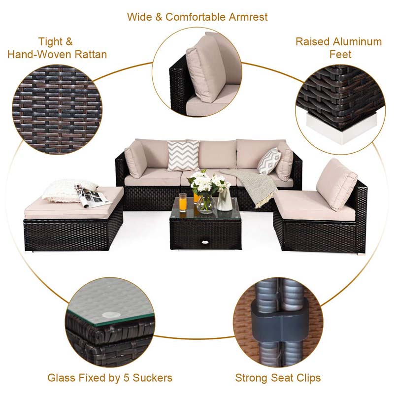 6 Piece Outdoor Rattan Sectional Sofa Set with 4 Cushioned Chairs, Ottoman & Coffee Table, Wicker Patio Conversation Furniture for Backyard
