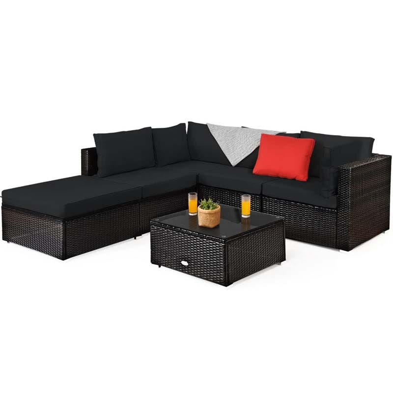 6 Piece Outdoor Rattan Sectional Sofa Set with 4 Cushioned Chairs, Ottoman & Coffee Table, Wicker Patio Conversation Furniture for Backyard
