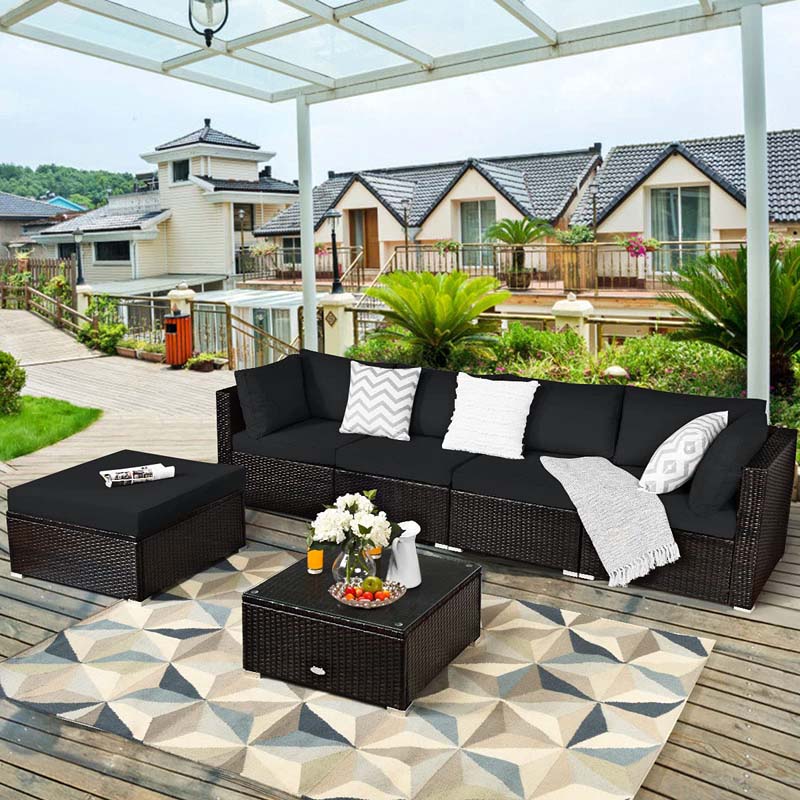 6 Piece Outdoor Rattan Sectional Sofa Set with 4 Cushioned Chairs, Ottoman & Coffee Table, Wicker Patio Conversation Furniture for Backyard