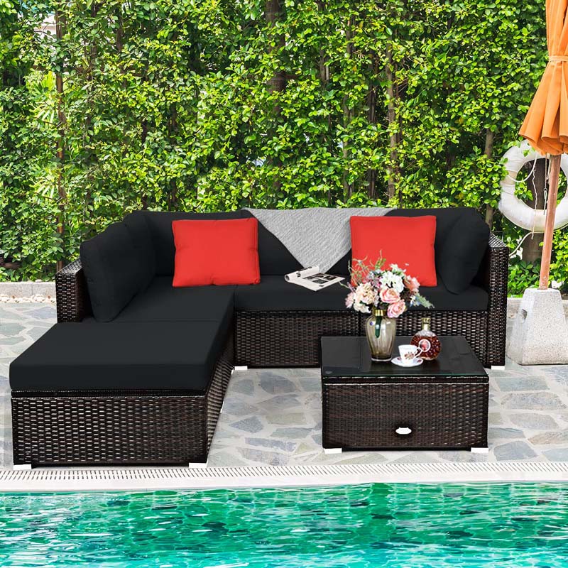 6 Piece Outdoor Rattan Sectional Sofa Set with 4 Cushioned Chairs, Ottoman & Coffee Table, Wicker Patio Conversation Furniture for Backyard