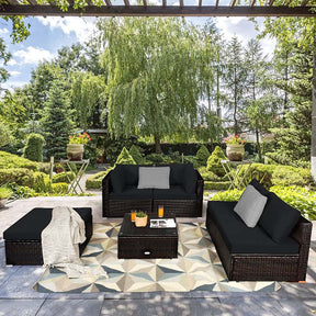 6 Piece Outdoor Rattan Sectional Sofa Set with 4 Cushioned Chairs, Ottoman & Coffee Table, Wicker Patio Conversation Furniture for Backyard