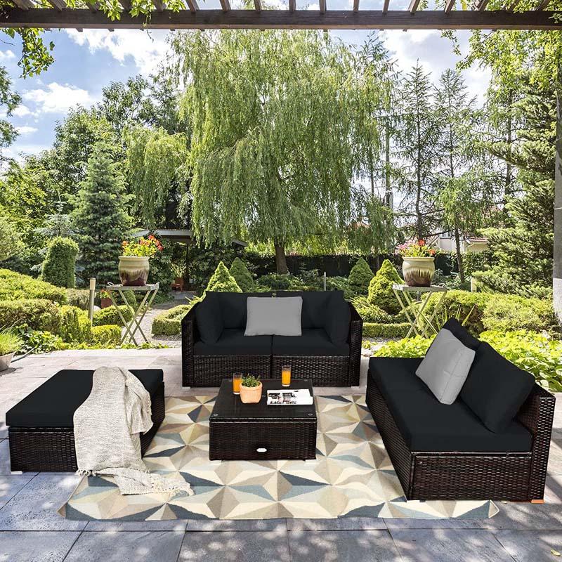 6 Piece Outdoor Rattan Sectional Sofa Set with 4 Cushioned Chairs, Ottoman & Coffee Table, Wicker Patio Conversation Furniture for Backyard