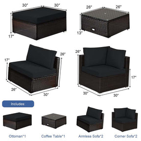 6 Piece Outdoor Rattan Sectional Sofa Set with 4 Cushioned Chairs, Ottoman & Coffee Table, Wicker Patio Conversation Furniture for Backyard