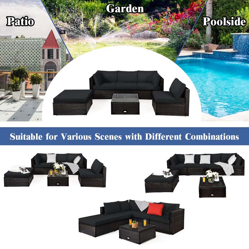 6 Piece Outdoor Rattan Sectional Sofa Set with 4 Cushioned Chairs, Ottoman & Coffee Table, Wicker Patio Conversation Furniture for Backyard