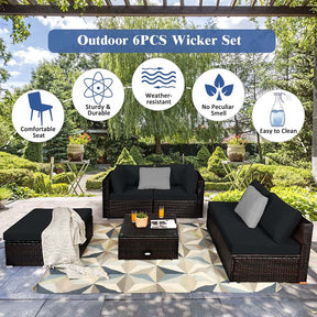 6 Piece Outdoor Rattan Sectional Sofa Set with 4 Cushioned Chairs, Ottoman & Coffee Table, Wicker Patio Conversation Furniture for Backyard