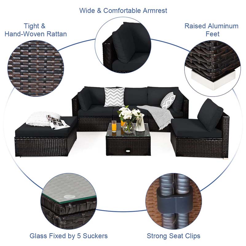 6 Piece Outdoor Rattan Sectional Sofa Set with 4 Cushioned Chairs, Ottoman & Coffee Table, Wicker Patio Conversation Furniture for Backyard