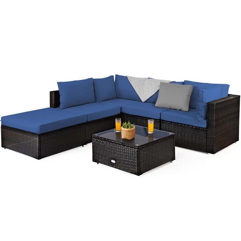 6 Piece Outdoor Rattan Sectional Sofa Set with 4 Cushioned Chairs, Ottoman & Coffee Table, Wicker Patio Conversation Furniture for Backyard