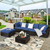 6 Piece Outdoor Rattan Sectional Sofa Set with 4 Cushioned Chairs, Ottoman & Coffee Table, Wicker Patio Conversation Furniture for Backyard