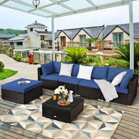 6 Piece Outdoor Rattan Sectional Sofa Set with 4 Cushioned Chairs, Ottoman & Coffee Table, Wicker Patio Conversation Furniture for Backyard