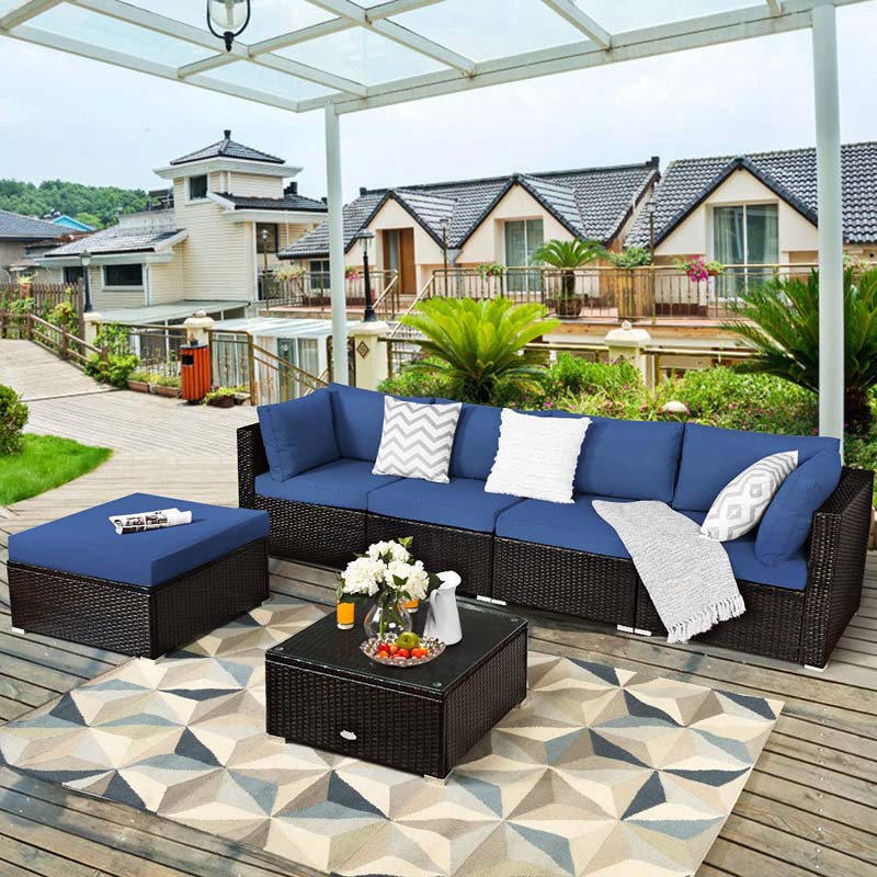 6 Piece Outdoor Rattan Sectional Sofa Set with 4 Cushioned Chairs, Ottoman & Coffee Table, Wicker Patio Conversation Furniture for Backyard