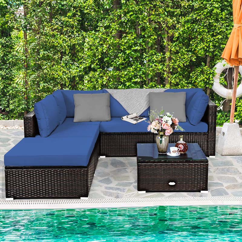 6 Piece Outdoor Rattan Sectional Sofa Set with 4 Cushioned Chairs, Ottoman & Coffee Table, Wicker Patio Conversation Furniture for Backyard