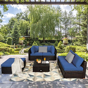 6 Piece Outdoor Rattan Sectional Sofa Set with 4 Cushioned Chairs, Ottoman & Coffee Table, Wicker Patio Conversation Furniture for Backyard