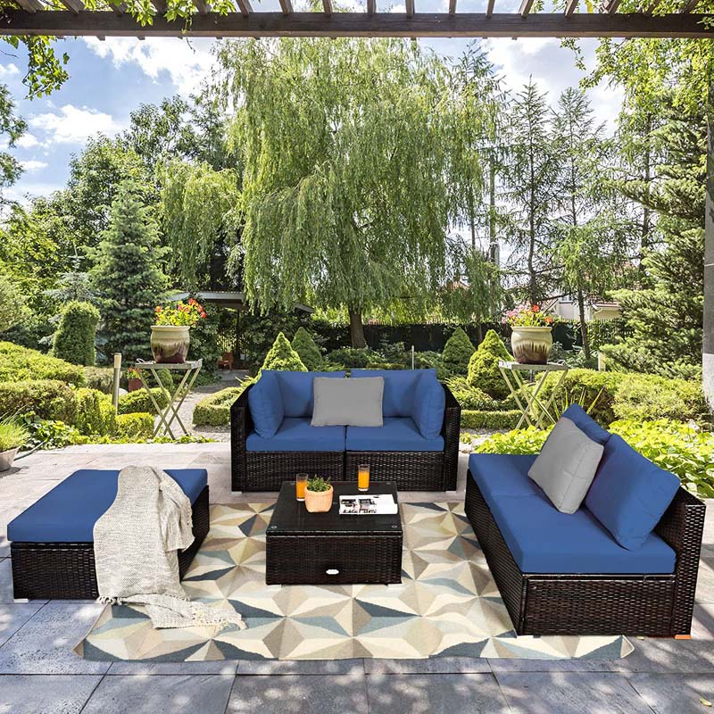 6 Piece Outdoor Rattan Sectional Sofa Set with 4 Cushioned Chairs, Ottoman & Coffee Table, Wicker Patio Conversation Furniture for Backyard