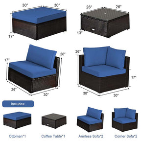 6 Piece Outdoor Rattan Sectional Sofa Set with 4 Cushioned Chairs, Ottoman & Coffee Table, Wicker Patio Conversation Furniture for Backyard