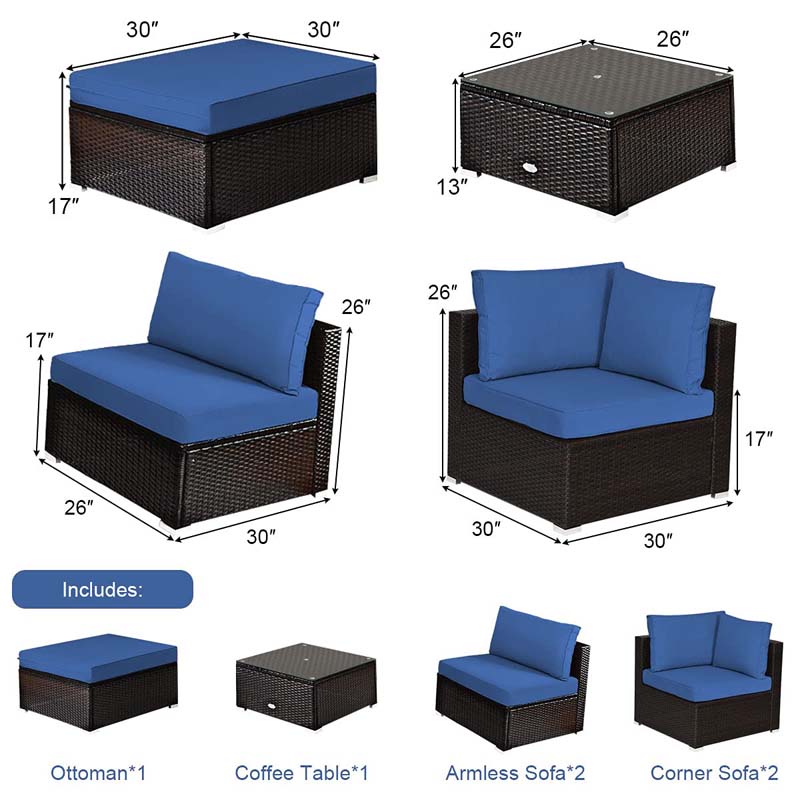 6 Piece Outdoor Rattan Sectional Sofa Set with 4 Cushioned Chairs, Ottoman & Coffee Table, Wicker Patio Conversation Furniture for Backyard