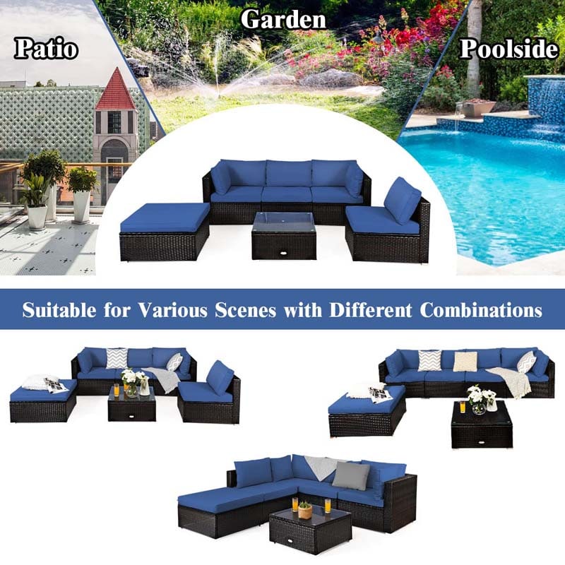6 Piece Outdoor Rattan Sectional Sofa Set with 4 Cushioned Chairs, Ottoman & Coffee Table, Wicker Patio Conversation Furniture for Backyard