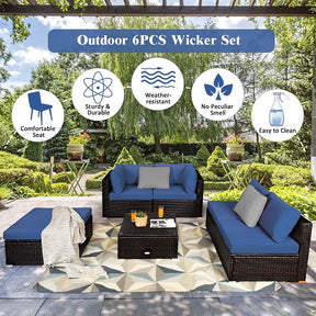 6 Piece Outdoor Rattan Sectional Sofa Set with 4 Cushioned Chairs, Ottoman & Coffee Table, Wicker Patio Conversation Furniture for Backyard