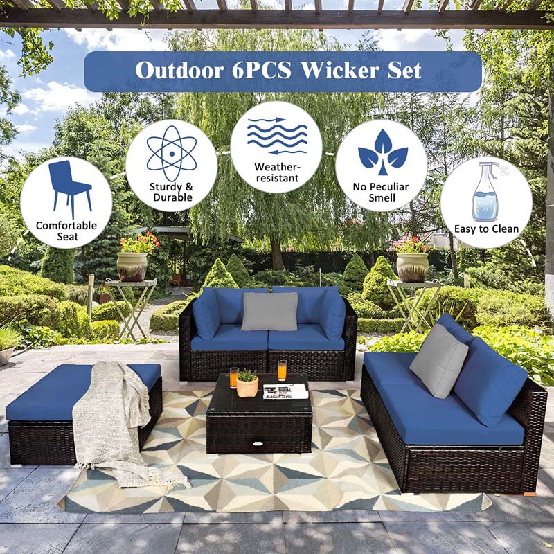 6 Piece Outdoor Rattan Sectional Sofa Set with 4 Cushioned Chairs, Ottoman & Coffee Table, Wicker Patio Conversation Furniture for Backyard