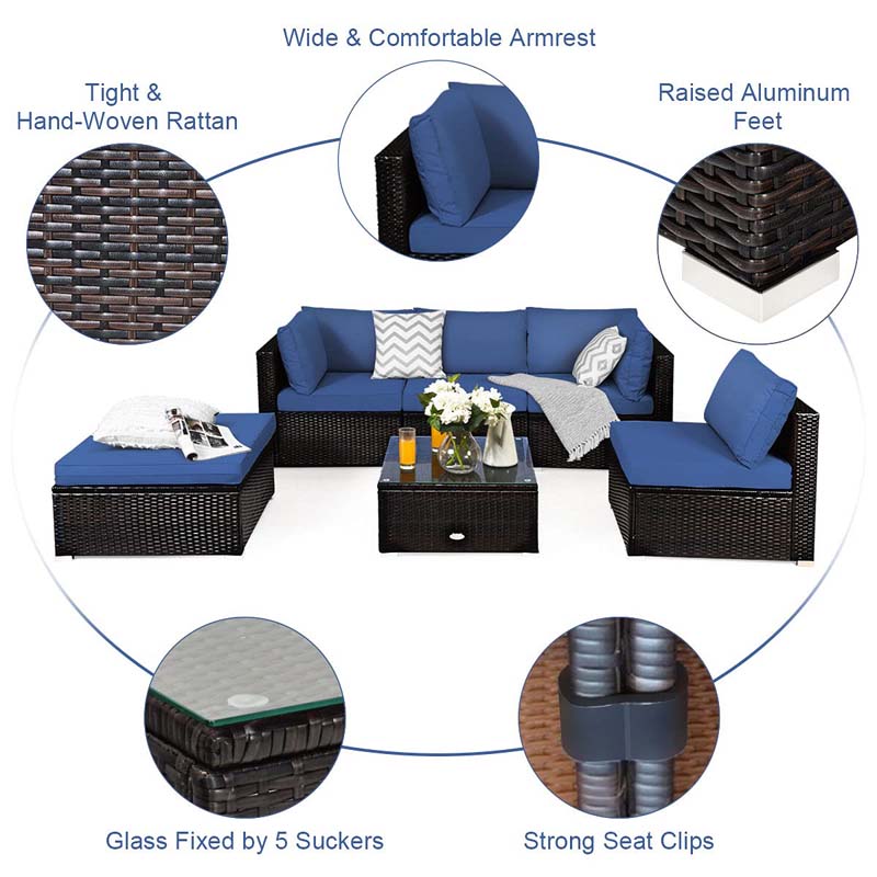6 Piece Outdoor Rattan Sectional Sofa Set with 4 Cushioned Chairs, Ottoman & Coffee Table, Wicker Patio Conversation Furniture for Backyard