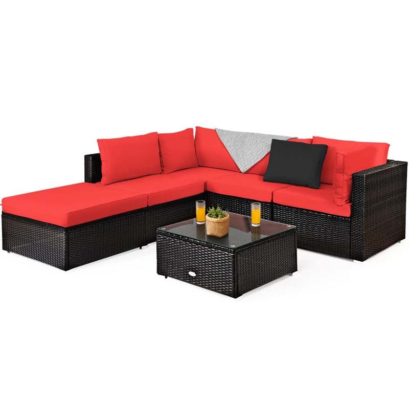 6 Piece Outdoor Rattan Sectional Sofa Set with 4 Cushioned Chairs, Ottoman & Coffee Table, Wicker Patio Conversation Furniture for Backyard
